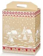 Geschenkschachtel 4-eckig Pappe gold/ weiss/ rot 'Schneelandschaft' : Verpackung für feste