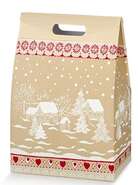 Geschenkschachtel Pappe 4-eckig gold/ weiss/ rot 'Schneelandschaft' : Verpackung für feste