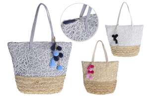 Produktbild 2er-Handtasche Baumwolle grau gold Stroh m. Bommeln