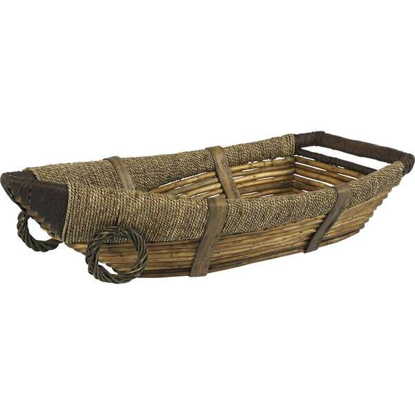 Produktbild Bootsförmiger Korb aus gefärbtem Weidengeflecht, Seil und Holz.