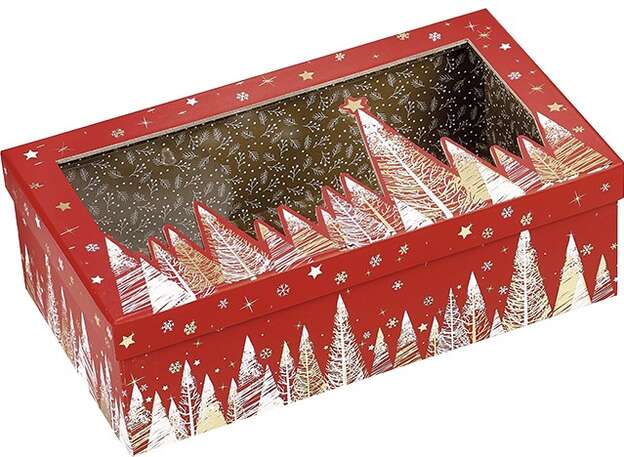 Geschenkschachtel Pappe 4-eckig rot/ gold mit Deckel transparent : Geschenkschachtel präsentbox