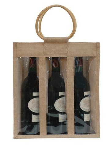 Geschenktasche Jute 3-Flaschen m. Fenstern & Rattangriffen : Verpackung fur flaschen und regionalprodukte