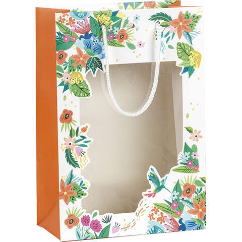 Sacs papier fleurs & colibri  cotés orange avec fenêtre  : Ladentaschen einkaufstaschen modetaschen