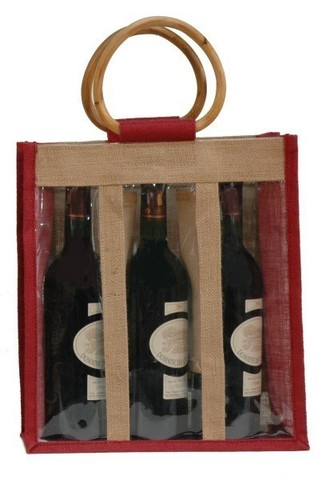 Geschenktasche Jute 3-Flaschen m. Fenstern & Rattangriffen : Verpackung fur flaschen und regionalprodukte
